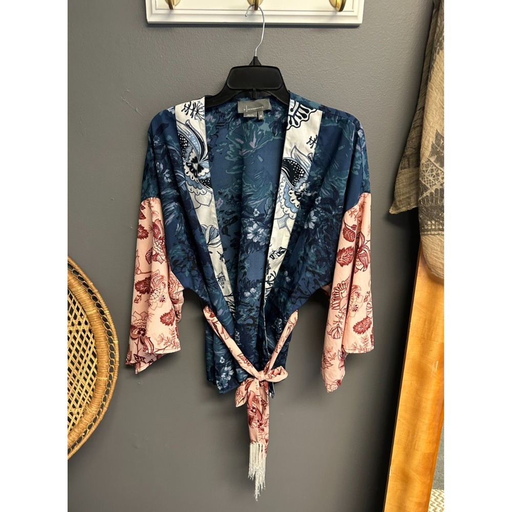 Anthropologie Blue and Pink Floral Tie-Front Kimono Robe